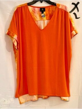JM Collection Orange V-Neck Tunic with Patterned Trim